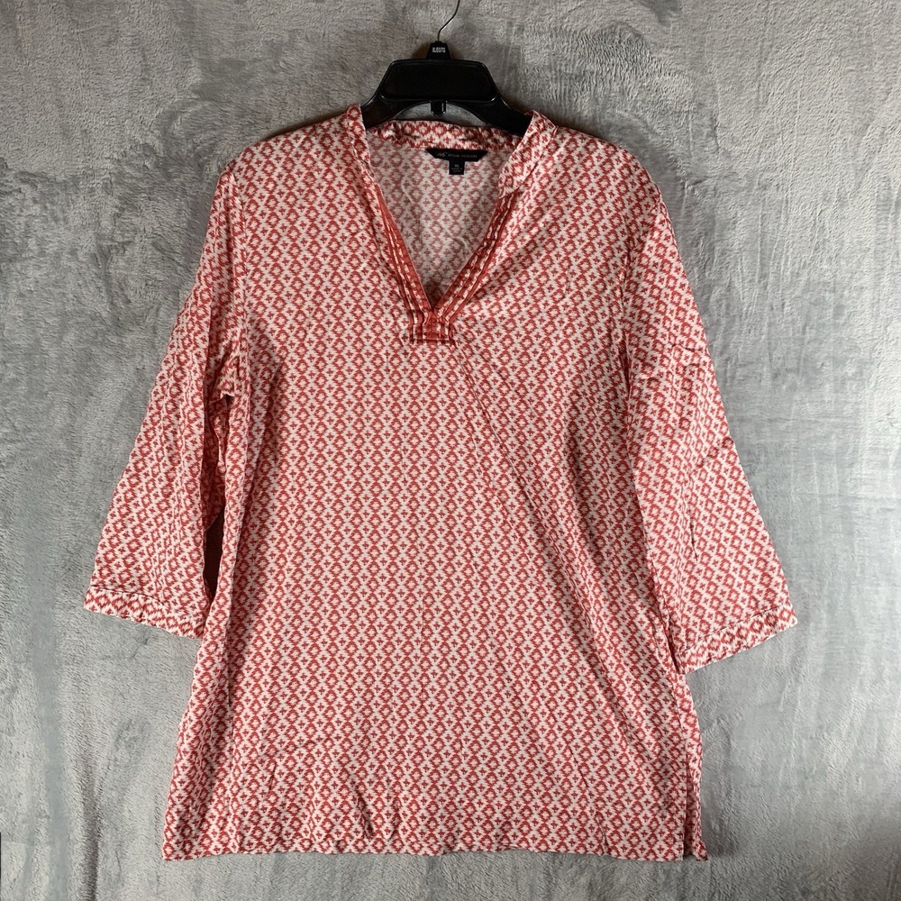 Brooks Brothers Women's Tunic XL‎ Orange White Ikat Geometric 3/4 Sleeve Cotton